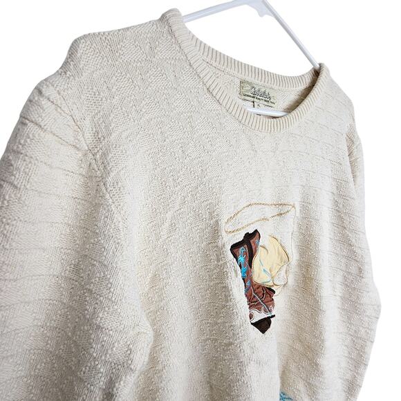 Cabelas Sweater Knit Sweater Women XL Cream Cowboy Print Pullover Sweater Women - Picture 5 of 8
